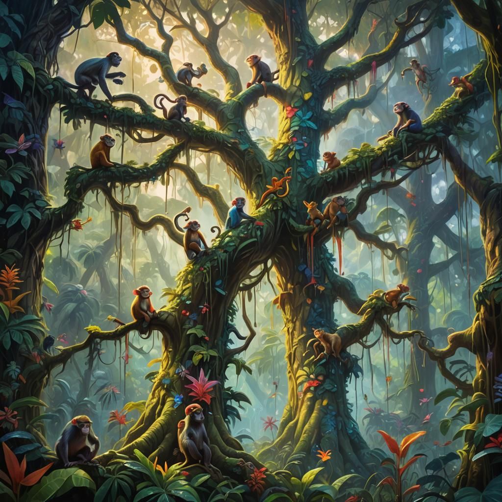 Lush Rainforest with Monkeys as Detailed Oil Painting