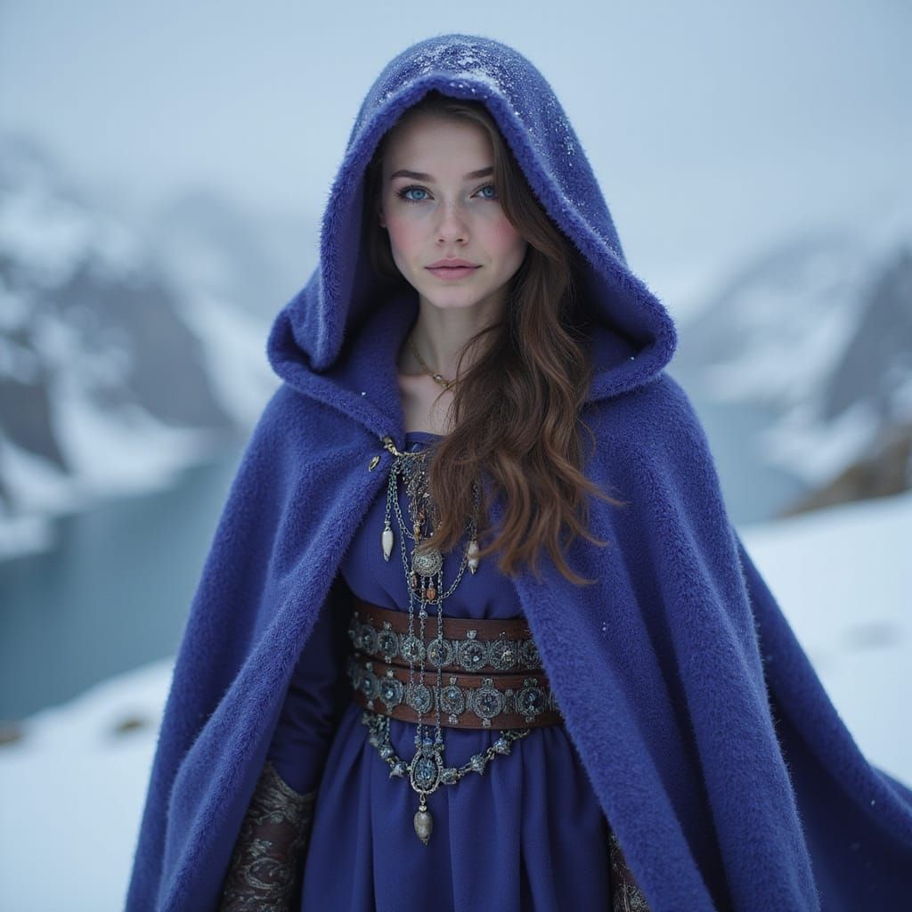 Icelandic Woman Portrait in Blue and Purple Cloak