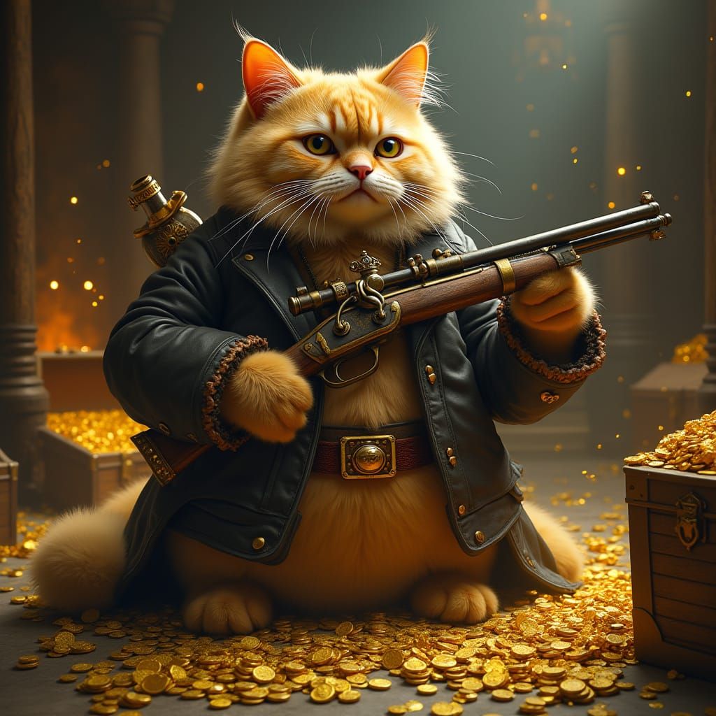 Giant Fluffy Cat with Steampunk Gun and Nuke
