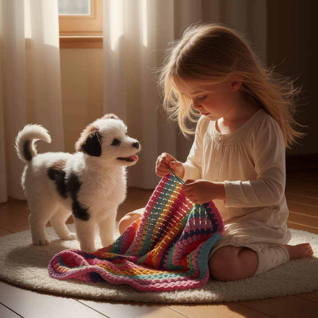 Girl with Puppy in a Cozy Digital Art Scene