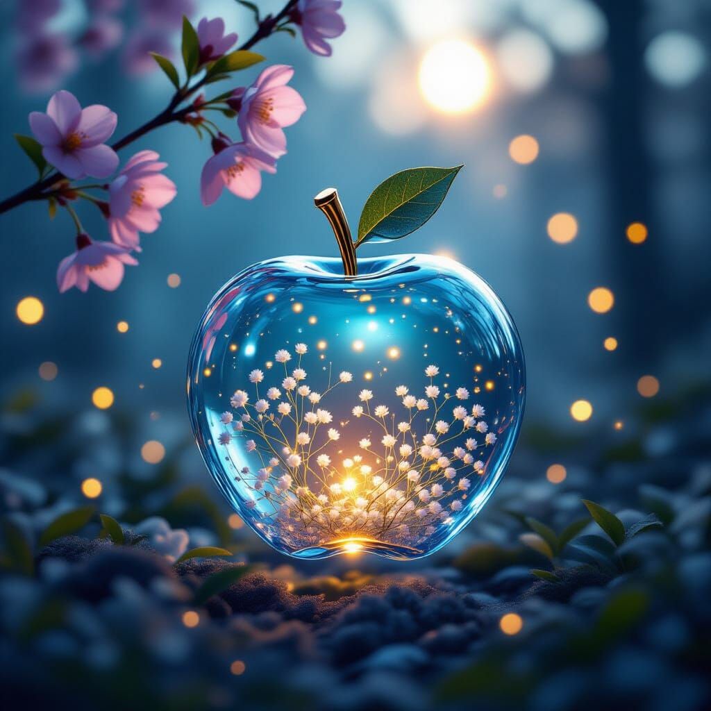Crystal Apple with Flowers in Ethereal Forest