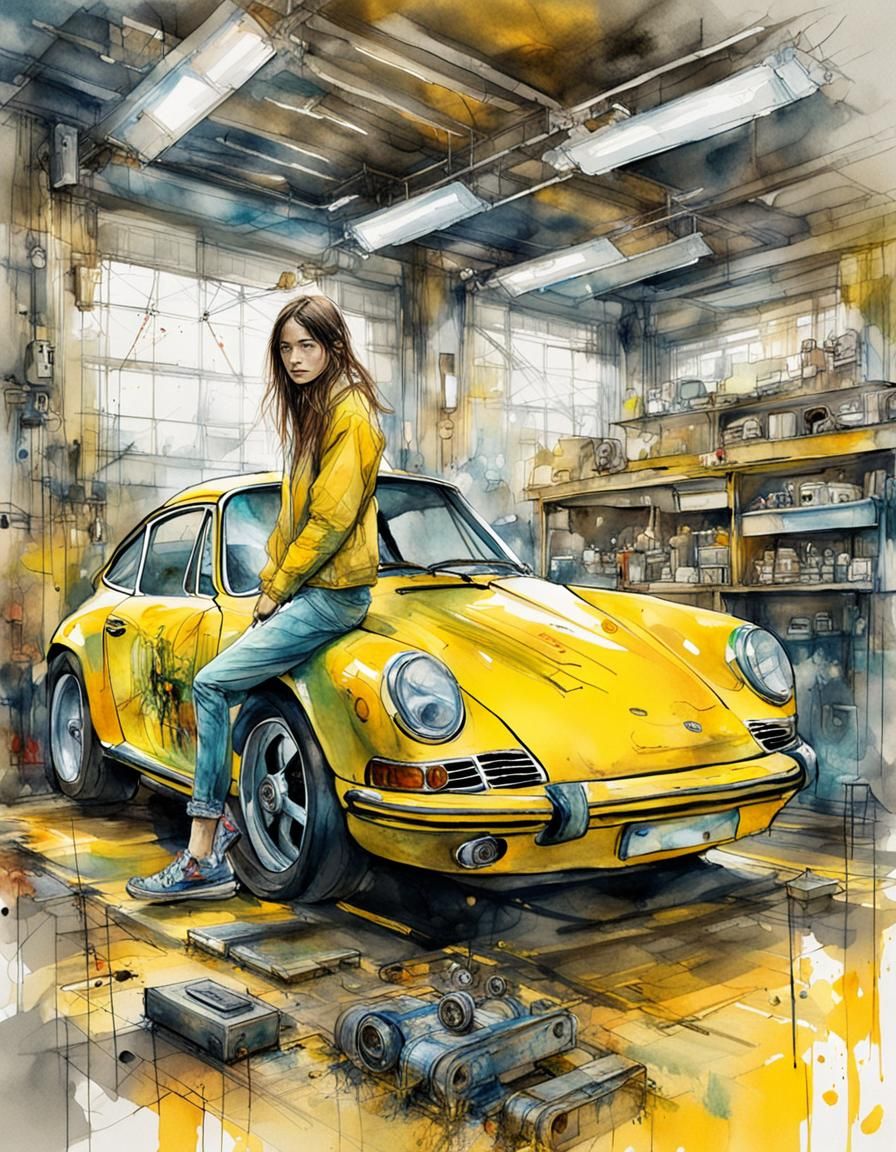 une belle femme mécanicienne réparant une Porsche jaune dans...