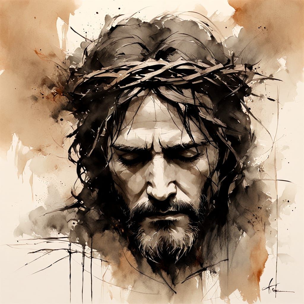 Jesus Wearing Crown of Thorns in Watercolor Ink
