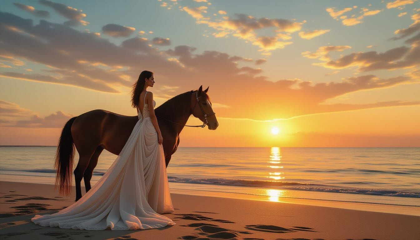Woman and Horse on Beach at Sunset, Photorealistic Image