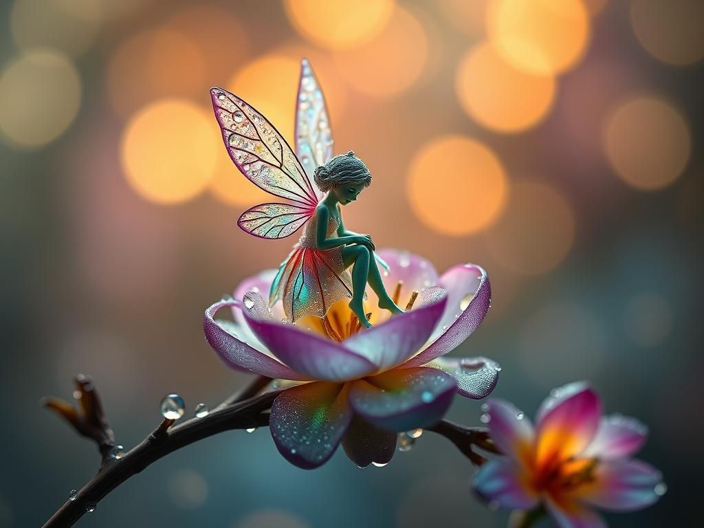 Dewdrop Fairy on Bioluminescent Flower, Surreal Oil Painting