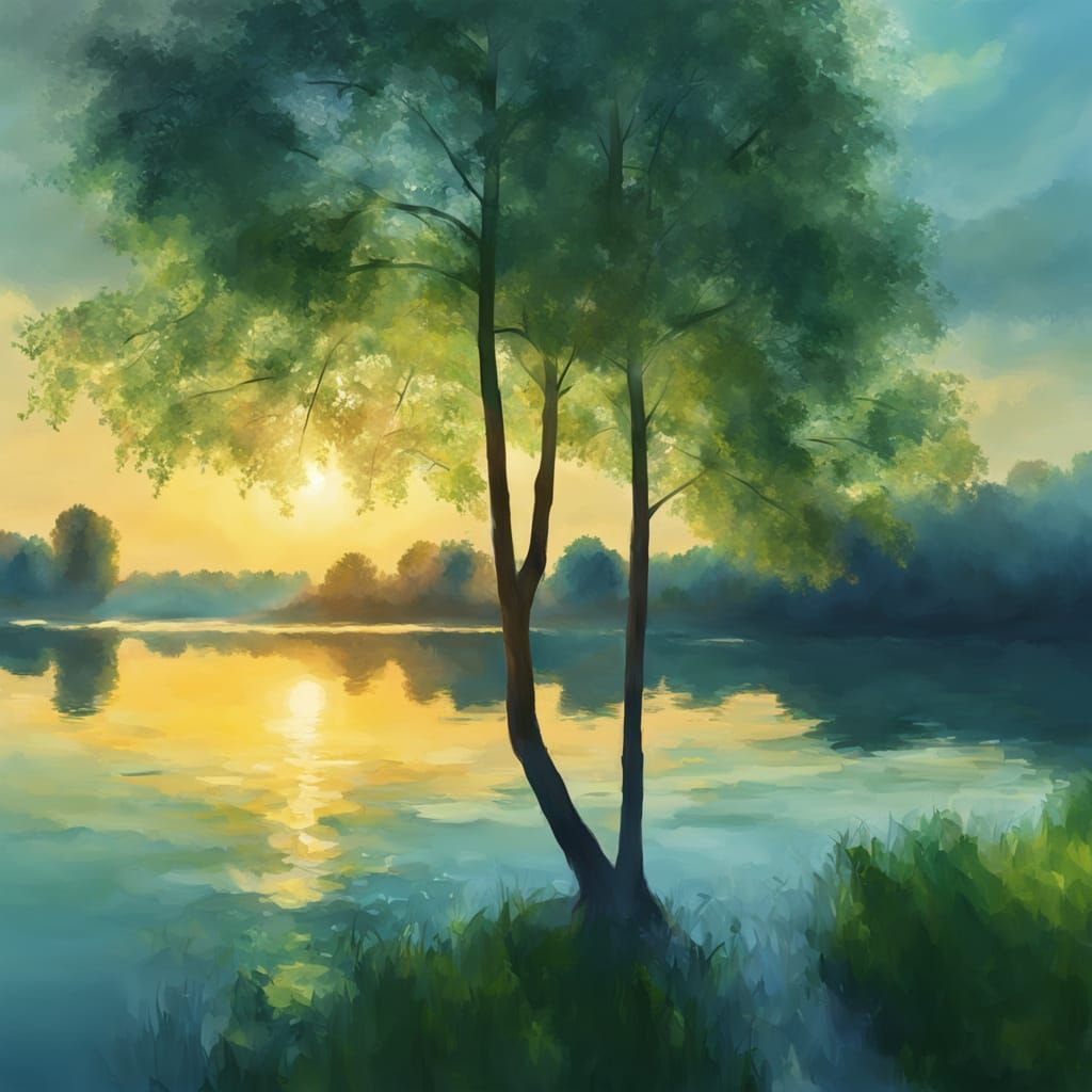 Impressionist Trees by Serene Lake with Warm Sunlight