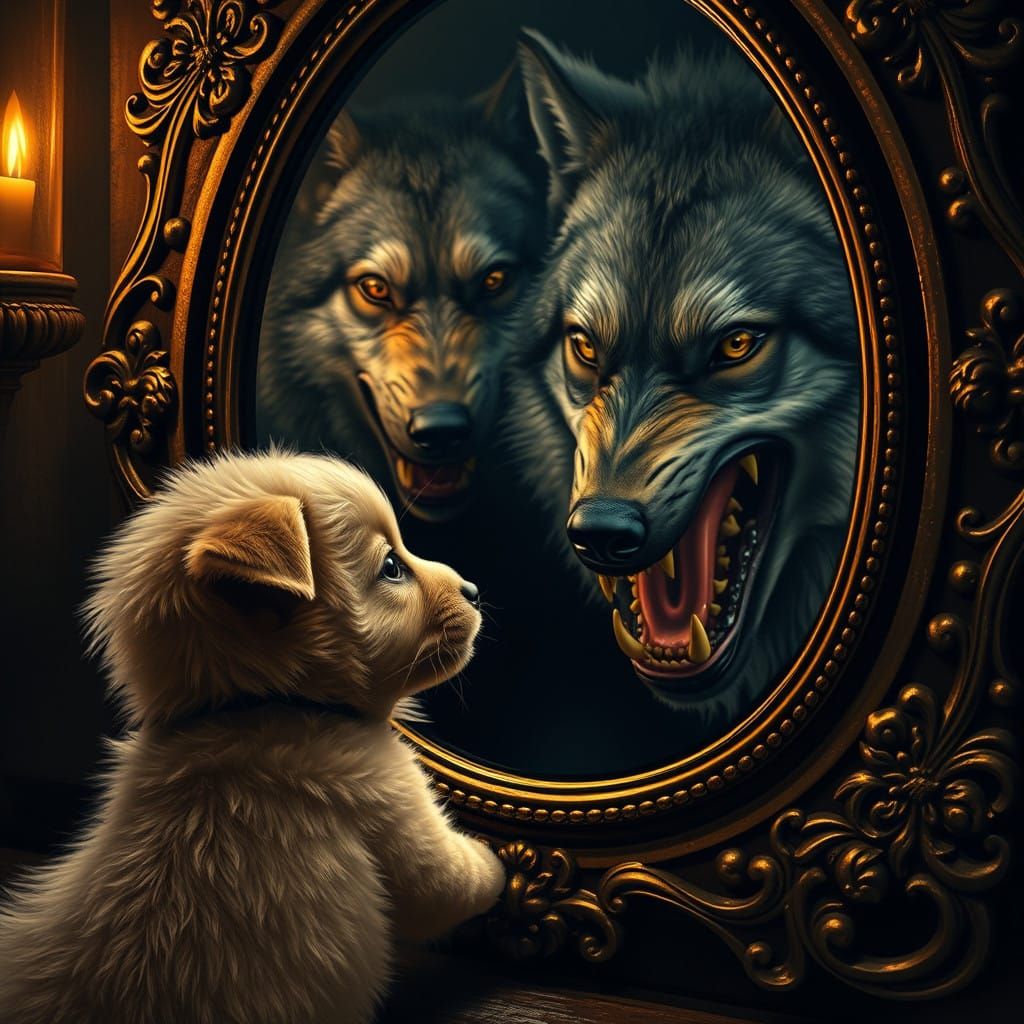 Whimsical Wolf Reflection in Vintage Mirror