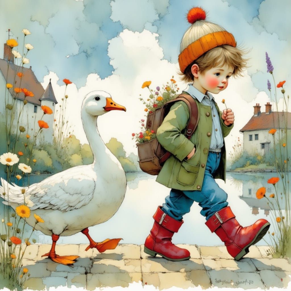 Child and Goose Stroll Through a Serene Impressionist Landsc...
