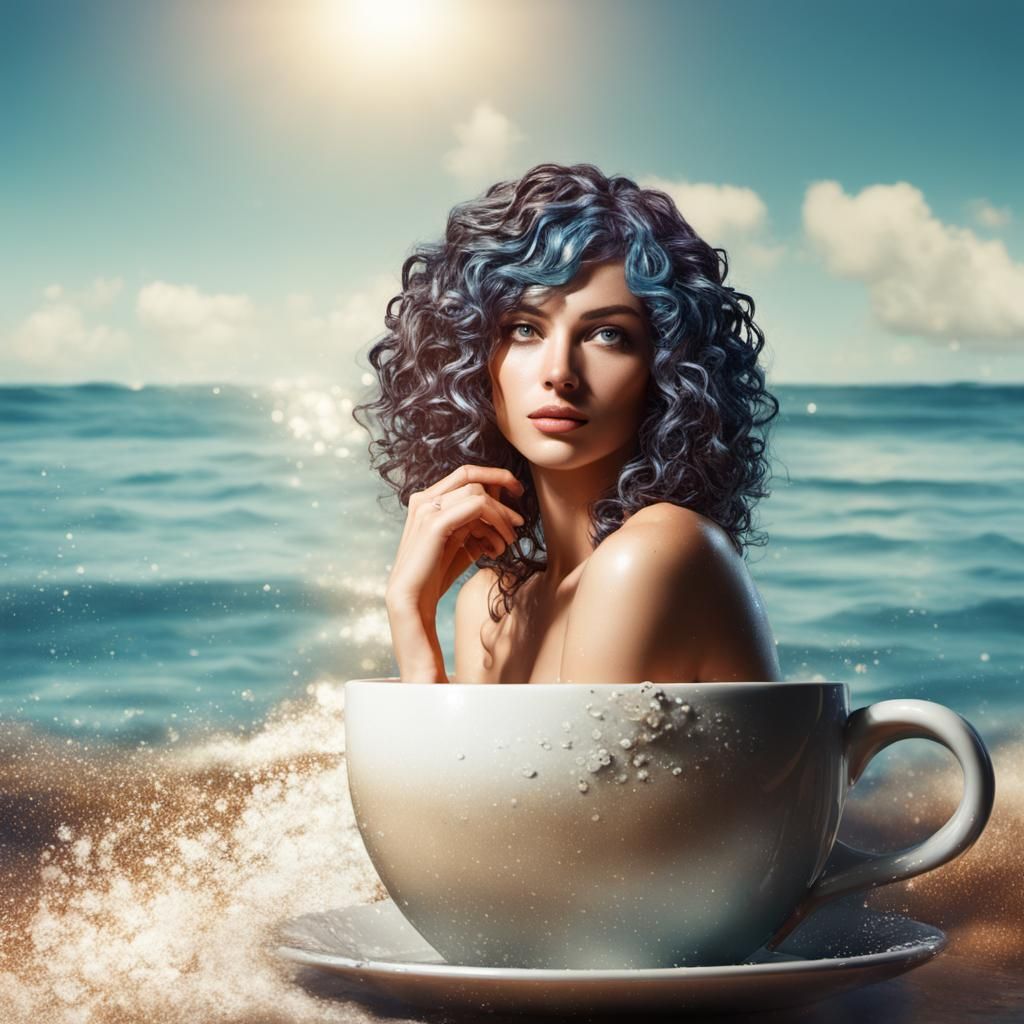 Eine junge Frau mit lockigen Haaren badet im Bikini in einer großen Kaffeetasse. Hübsch, schön geschminkt. „3D-Kunst: De...