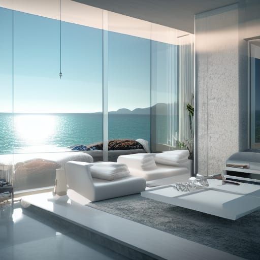 Modern Home Interior with Ocean Sunset View