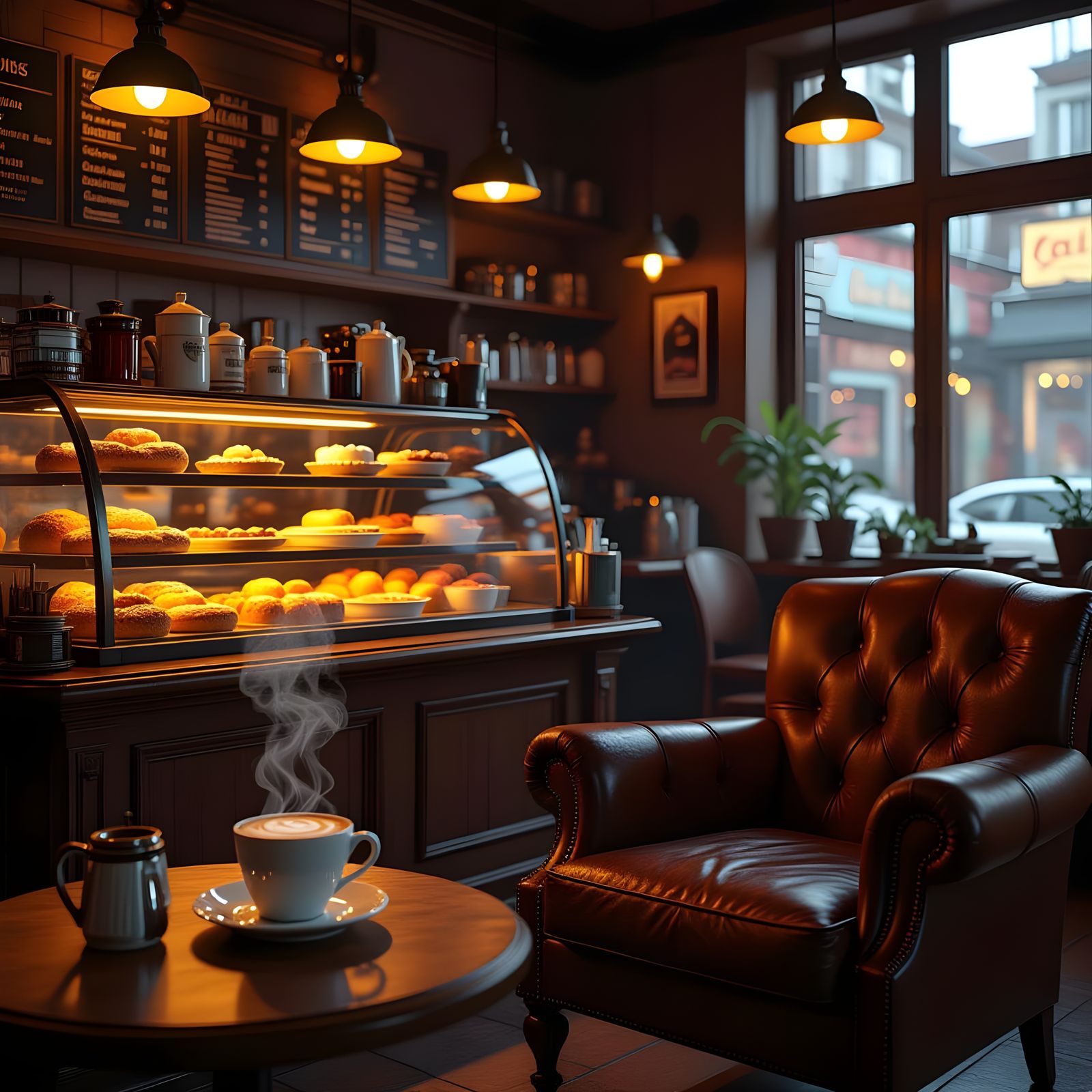 Atmospheric Coffee Shop with Pastries, Digital Matte Paintin...