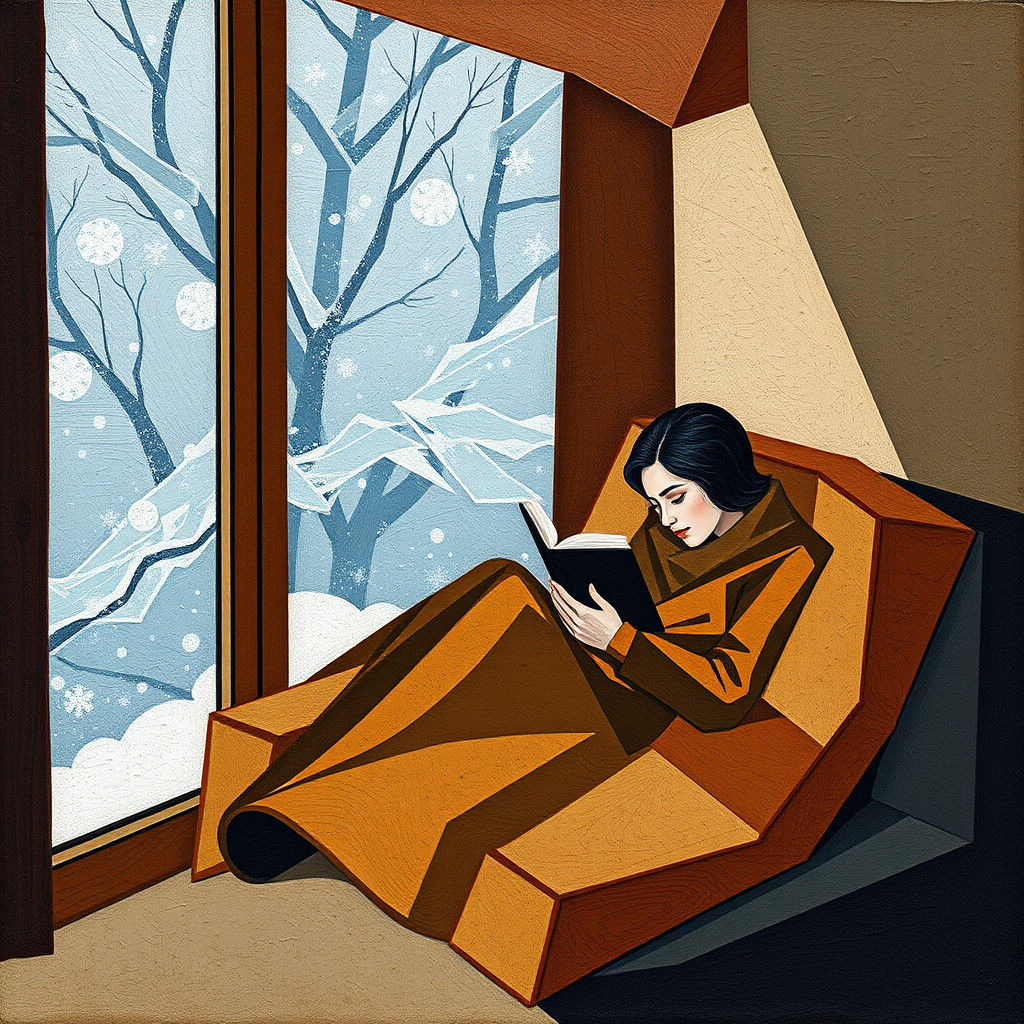 Cozy Reader in Cubist Interior with Snow