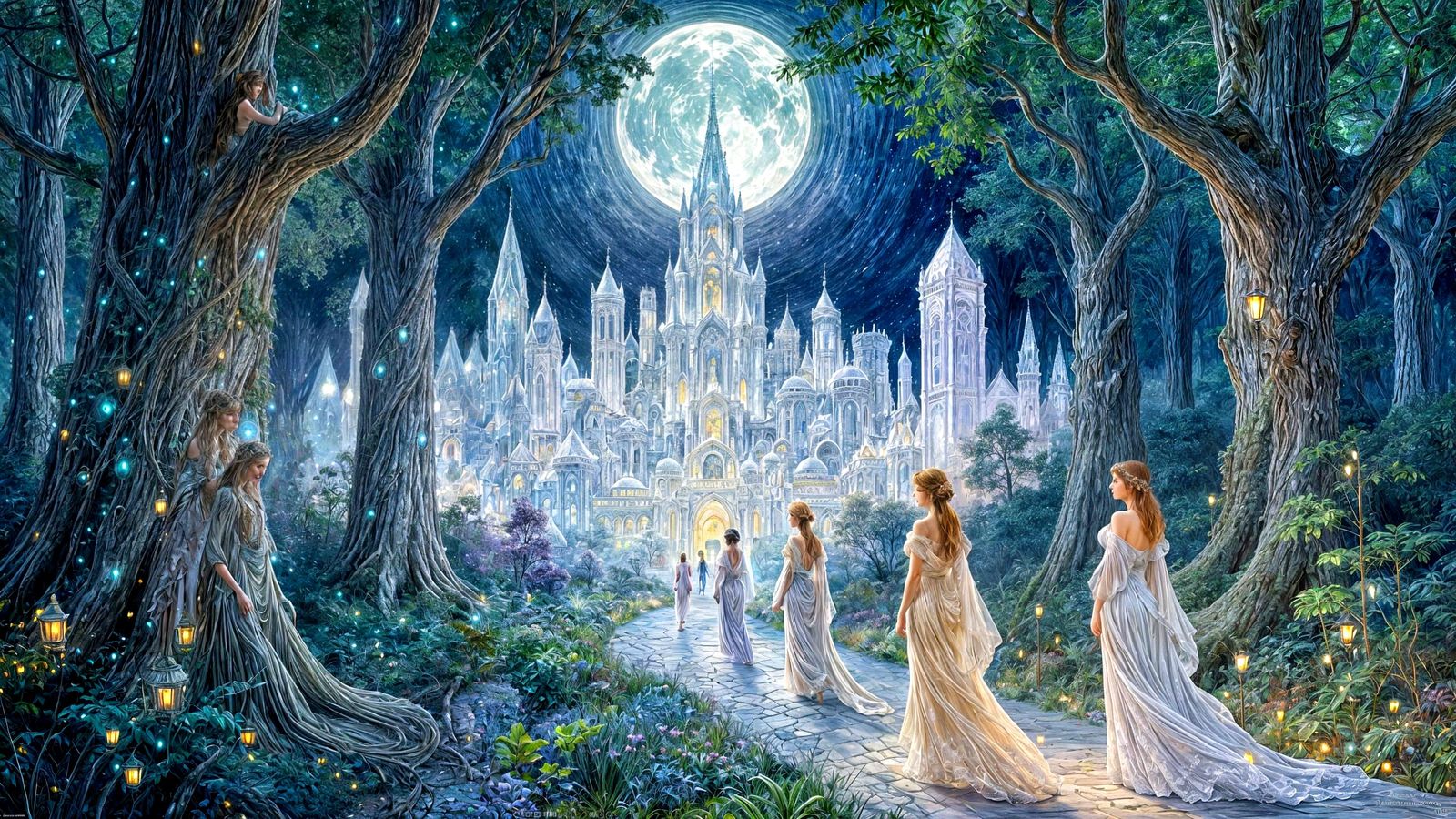 Moonlit City on Ancient Trees in Bioluminescent Forest