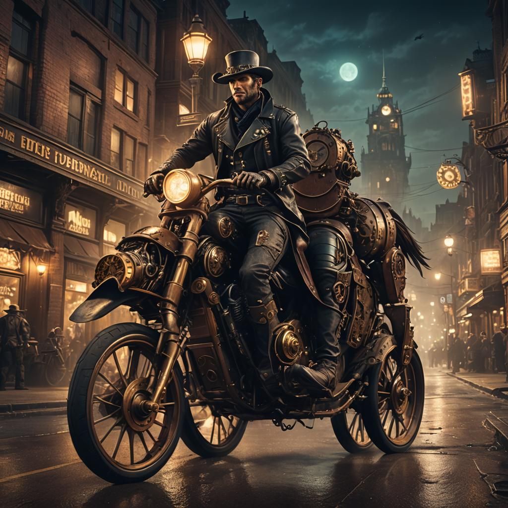 Steampunk Cowboy on Mechanical Steed at Night