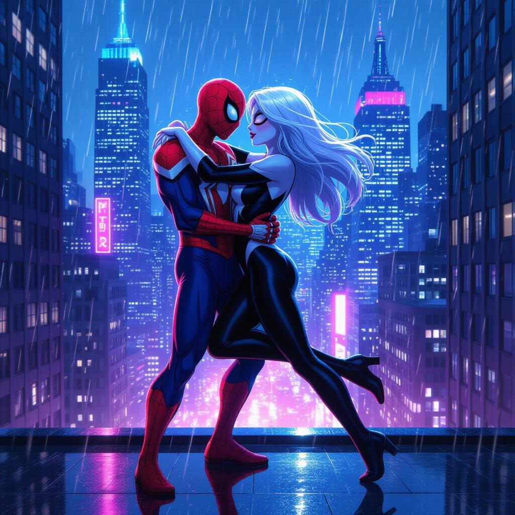Spiderman and Ghost-Spider Dancing on NYC Skyscraper in Rain