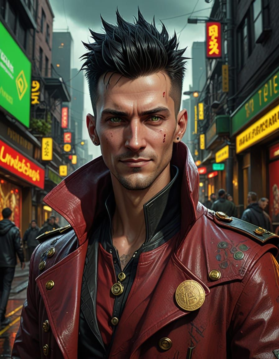 Cyberpunk Man in Red Coat Tossing Coin