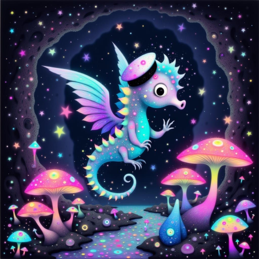 Flying Seahorse in Crystal Cave, Whimsical Art