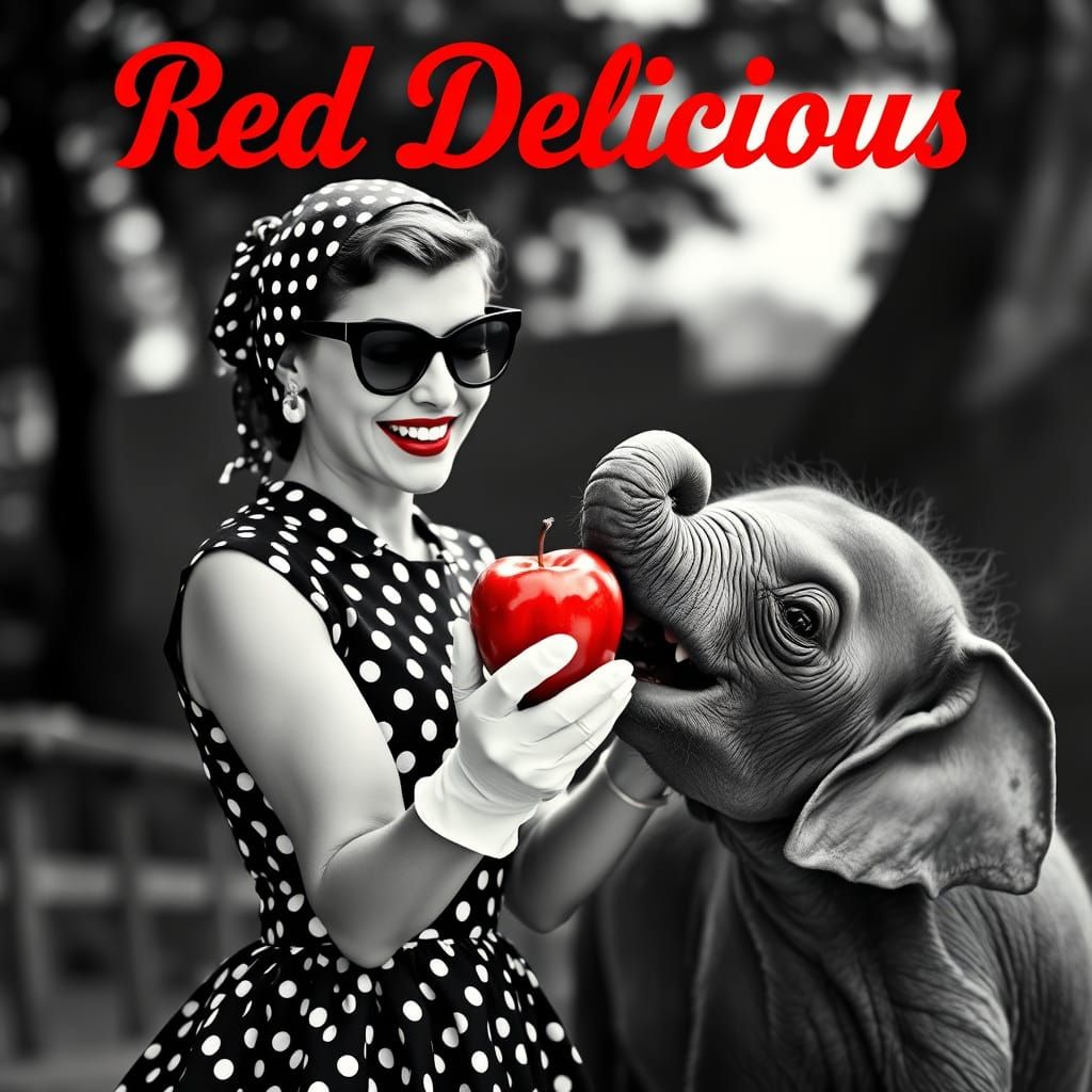 Vintage Chic Woman Offers Apple to Happy Baby Elephant in Hi...