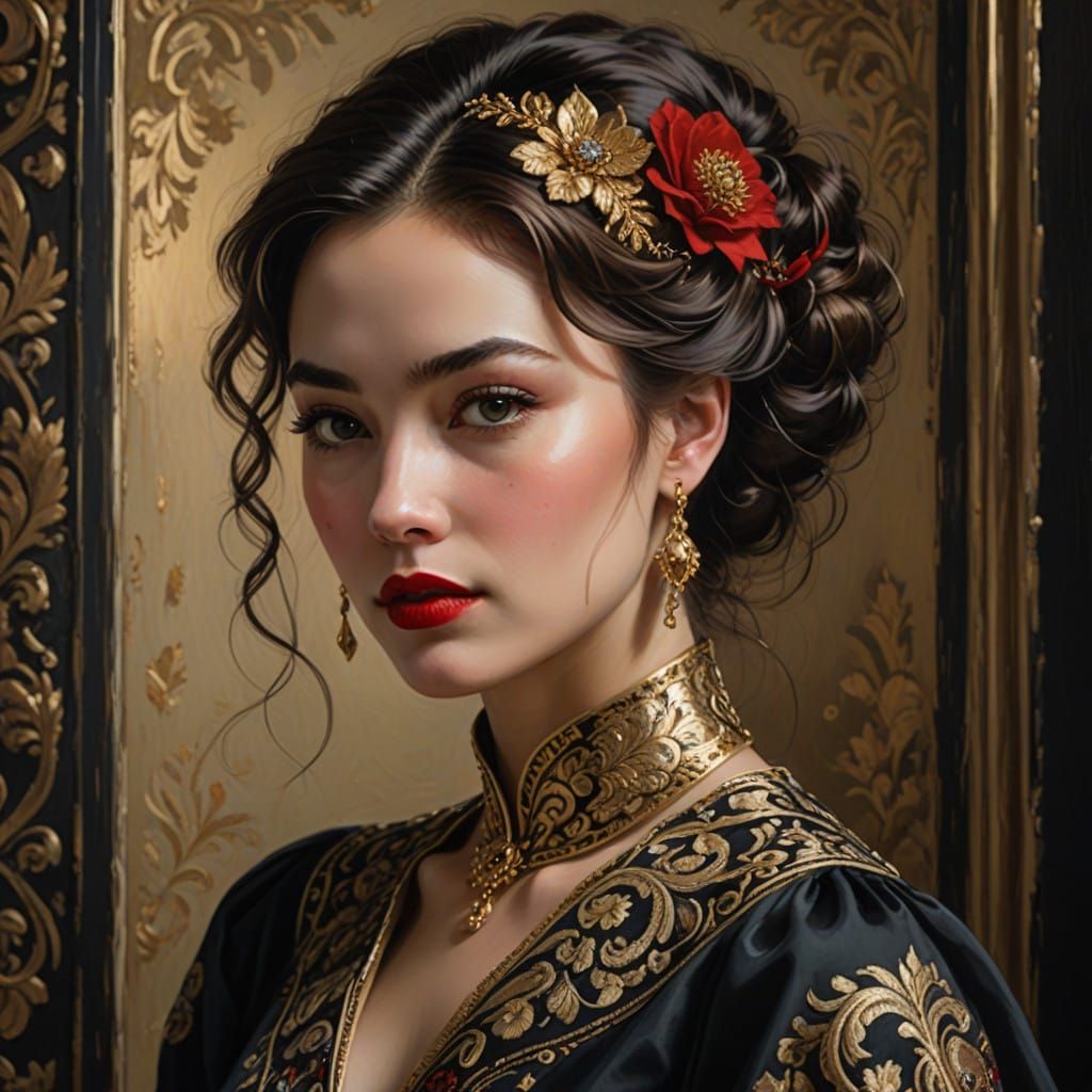 Elegant Woman in Black and Gold, Hyper-Realistic Portrait