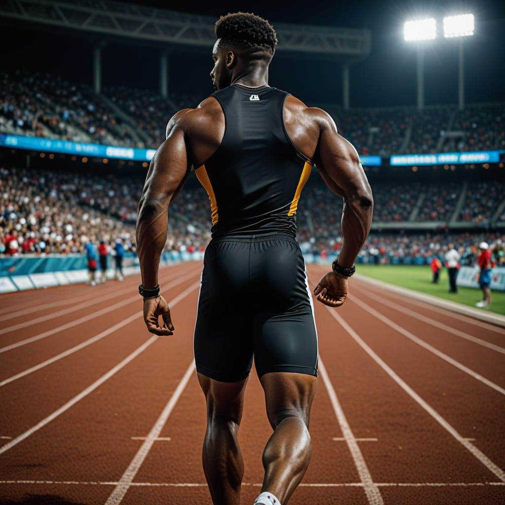 Muscular Black Athlete Ready at Stadium Start Line