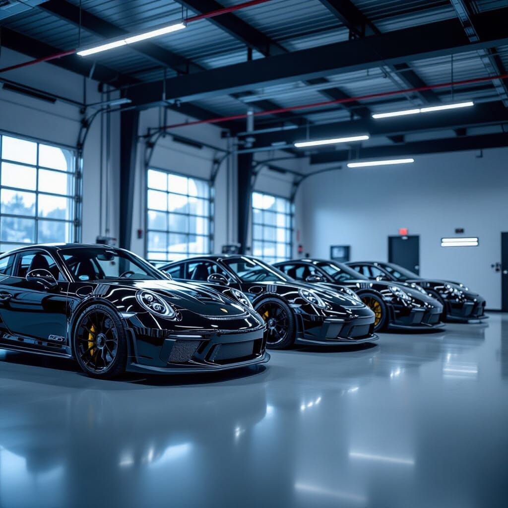 Five Black Porsche 911 GT3 RS in Mansory Garage