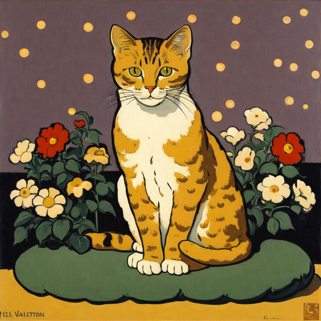 Félix Vallotton-Inspired Whimsical Art of a Cute Cat Surroun...