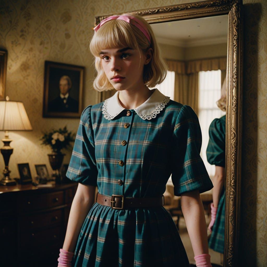 Crossdressed Teen Reflects in Mirror in Tartan Dress