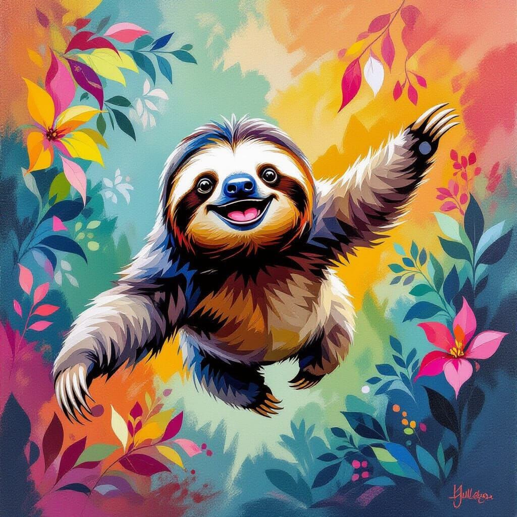 Energetic Sloth Leaping in Vibrant Gouache Painting