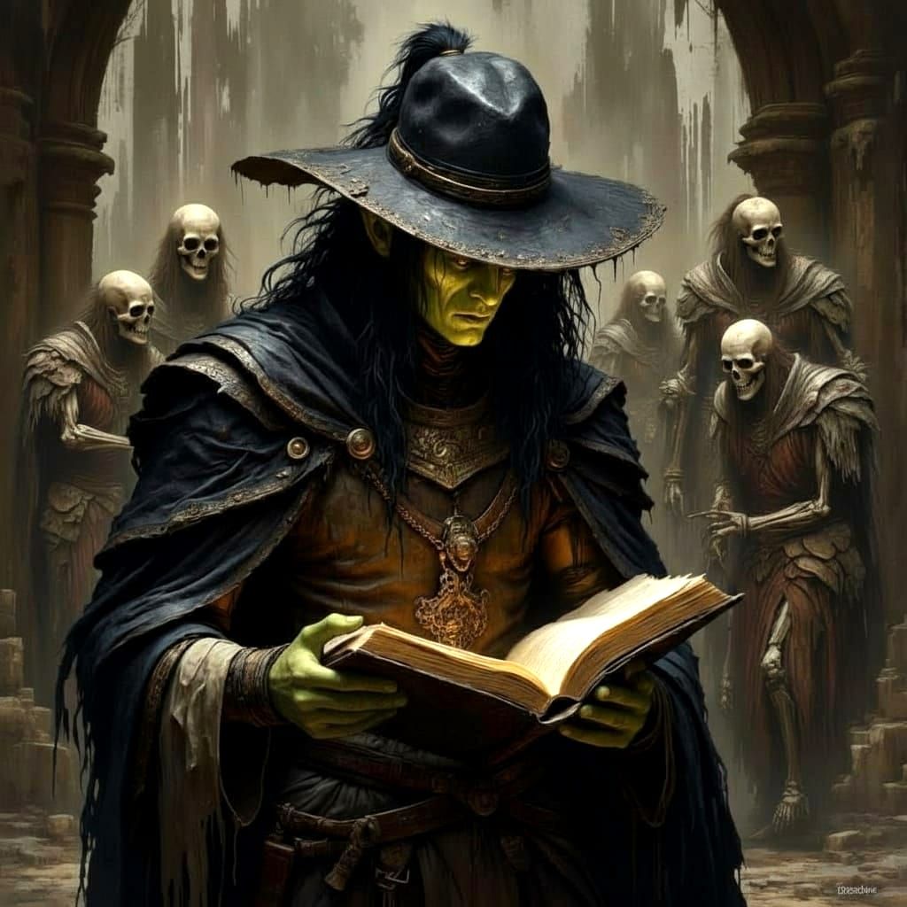 Hobgoblin Reading in Grim Fantasy Castle with Skeletons