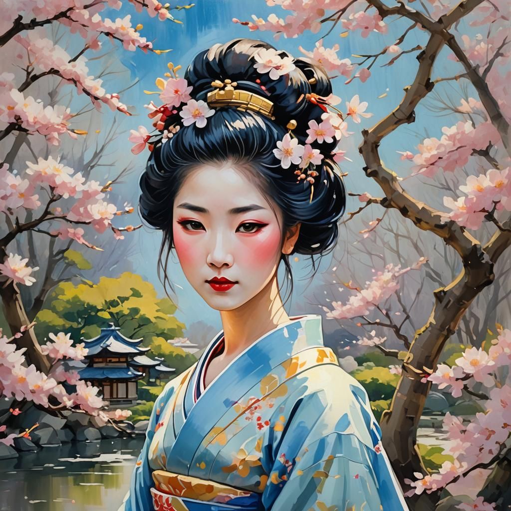 Geisha with Cherry Blossoms: an Impressionist Gouache Portra...