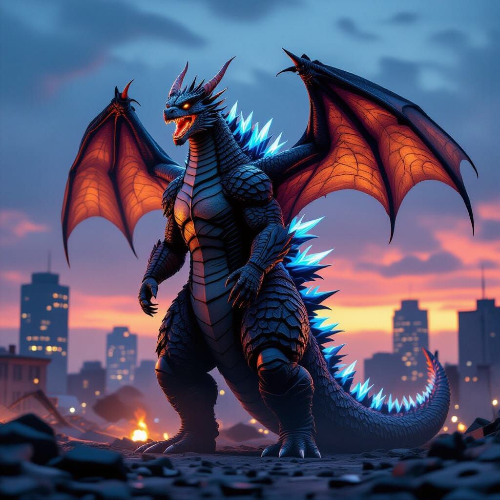 Photorealistic Dragon-Godzilla Hybrid in Ruined City