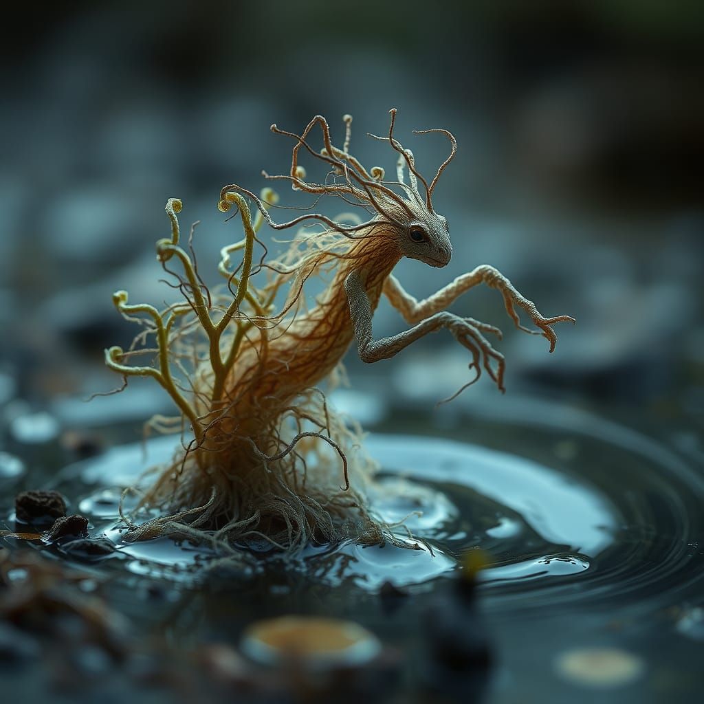 Mycelium String Elemental Symbiosis in Surreal Scene