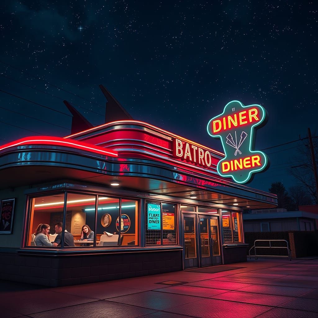 Retro Diner at Night: Neon Glow Fantasy Art