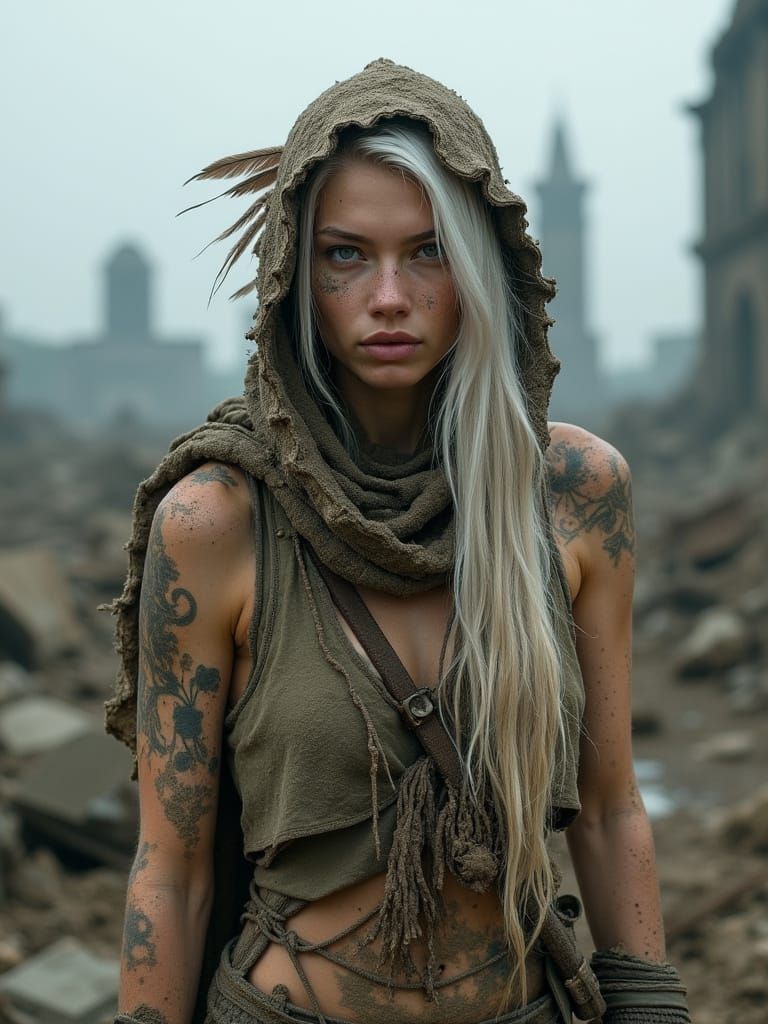 Wasteland Huntress in Ruined City, Photorealistic Portrait