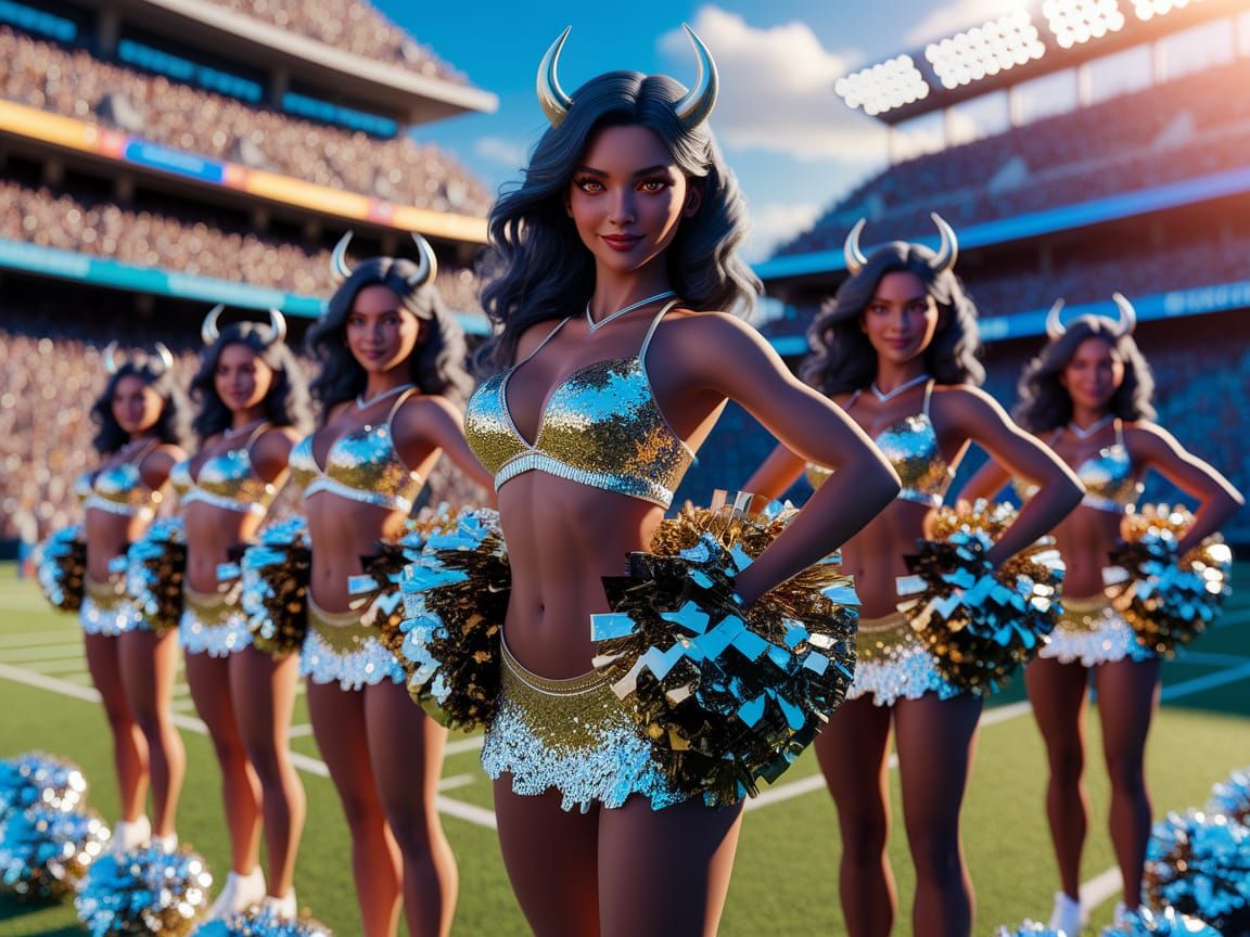 Metallic Cheerleaders in Sun-Drenched Stadium