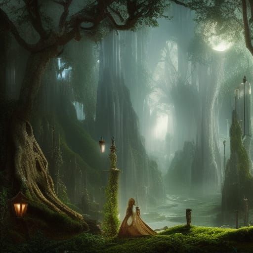 Enchanted Town in Alien Forest at Night