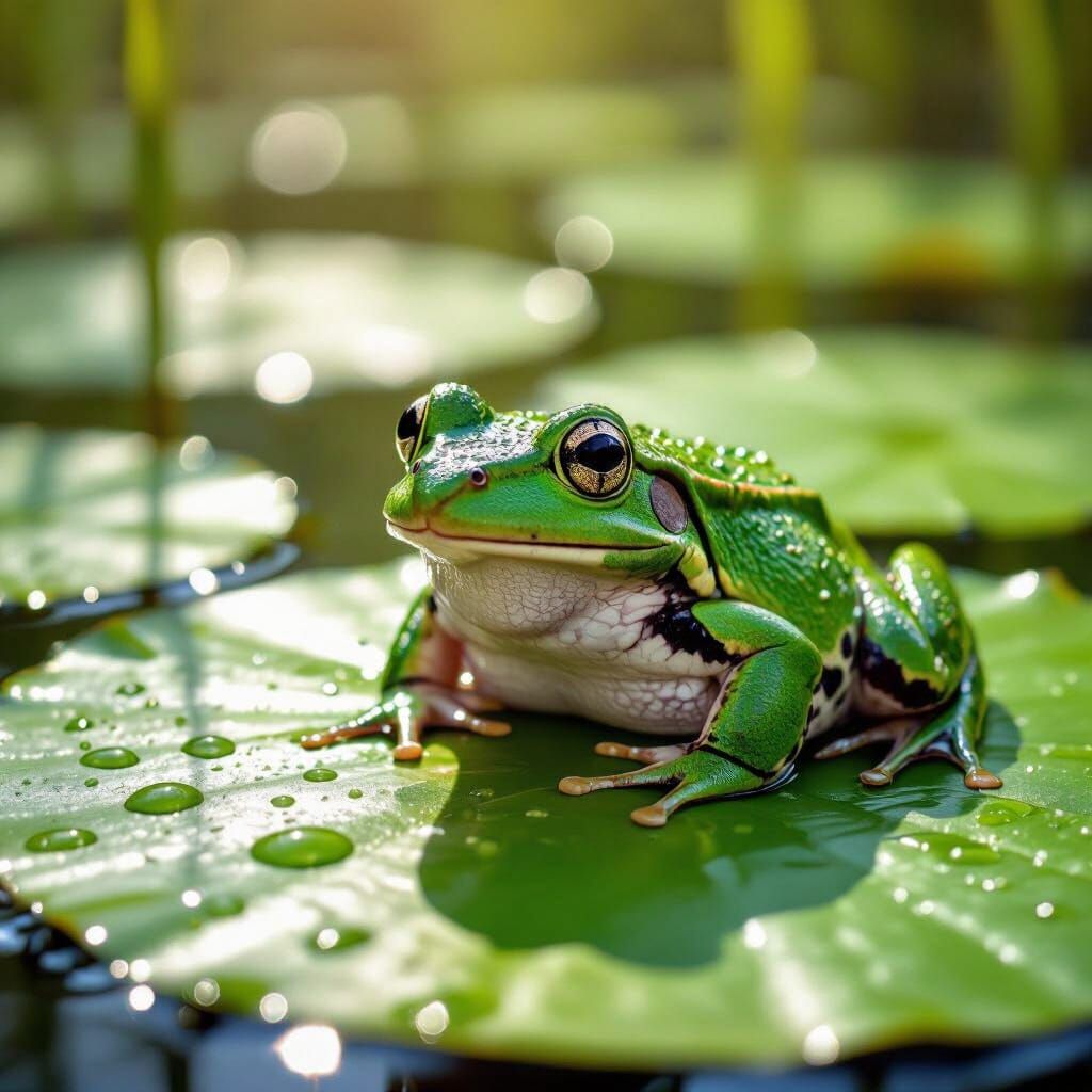 Photorealistic Green Frog on Lily Pad Macro Shot