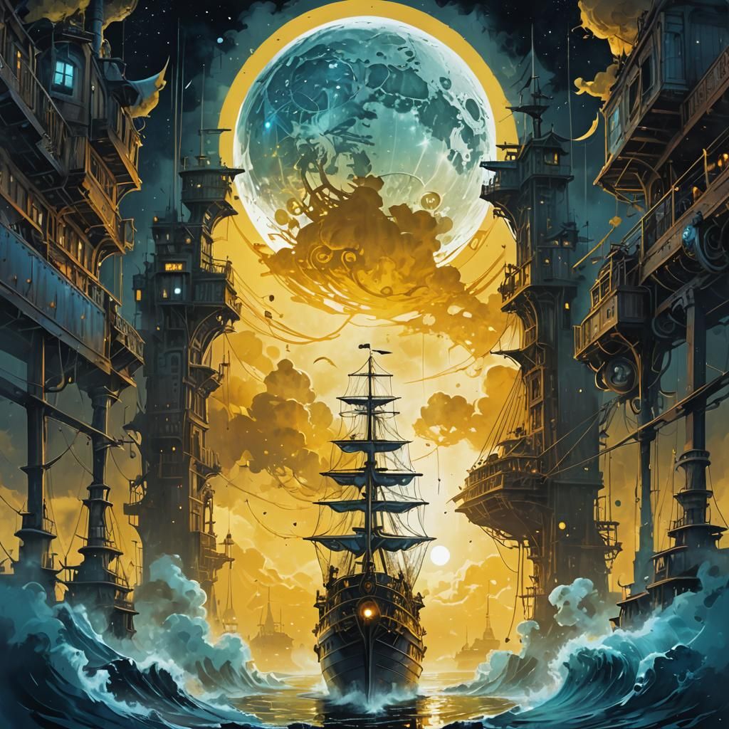 blues and yellows of a steampunk steam ship tall against a c...
