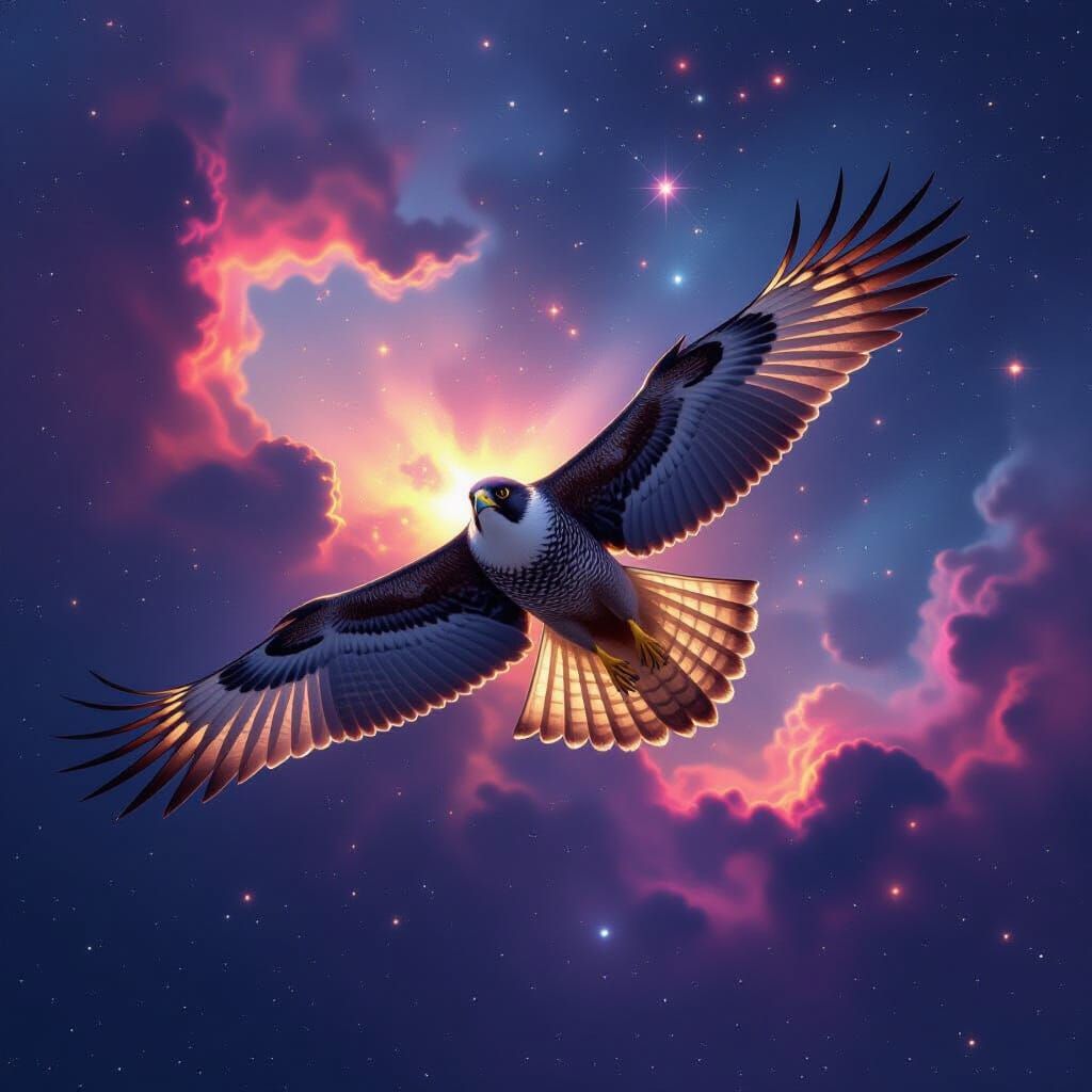 Falcon Soaring Through Nebula in Dystopian Landscape