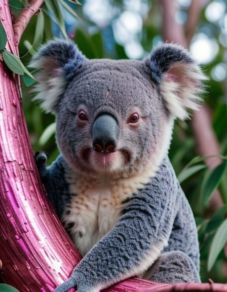 Koala in Sparkling Blue Sequins Amidst Vibrant Pink Eucalypt...