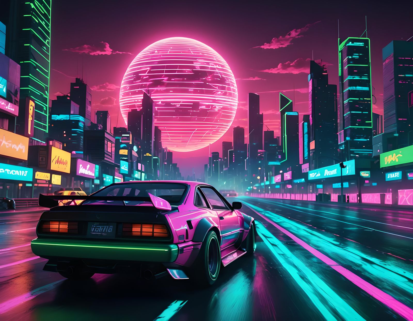 Retrowave Cityscape in Neon Colors