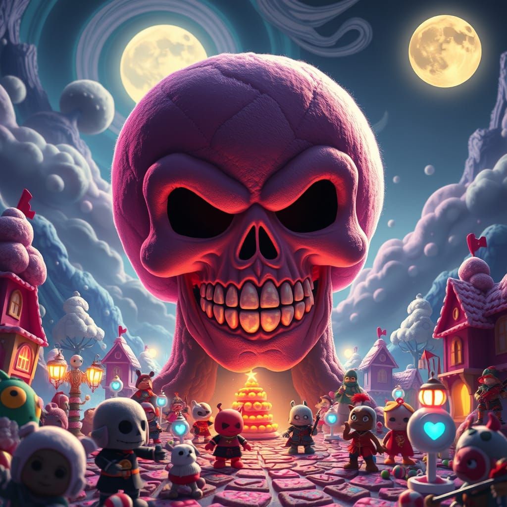 Whimsical Skull Plushie Towers Over Candyland Battleground