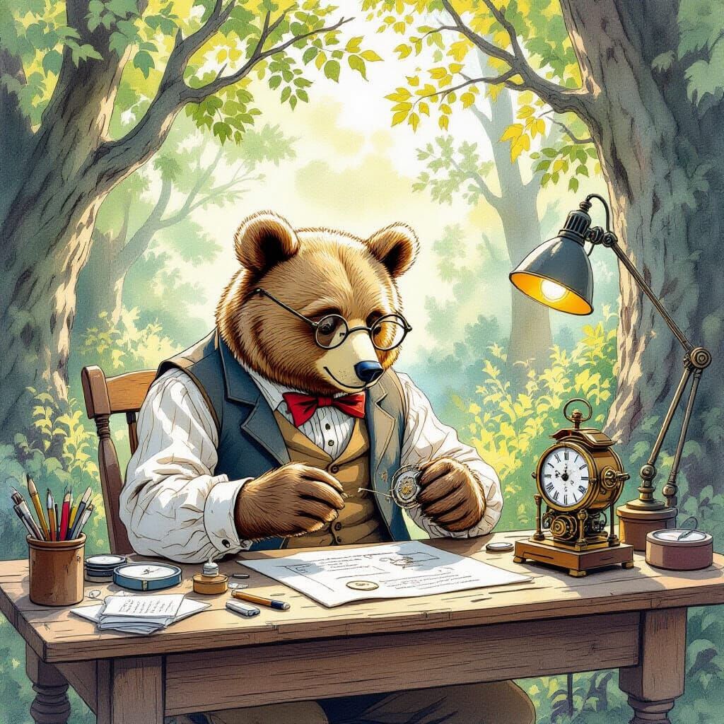 Bear Crafts Clockwork Bird in Cozy Forest, Comic Style