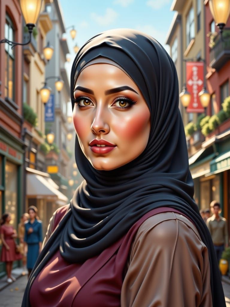 Serene Hijabi Woman in Modern Cityscape