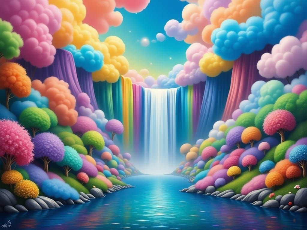 Surreal Waterfall in Vibrant Rainbow Hues, Dreamlike Landsca...