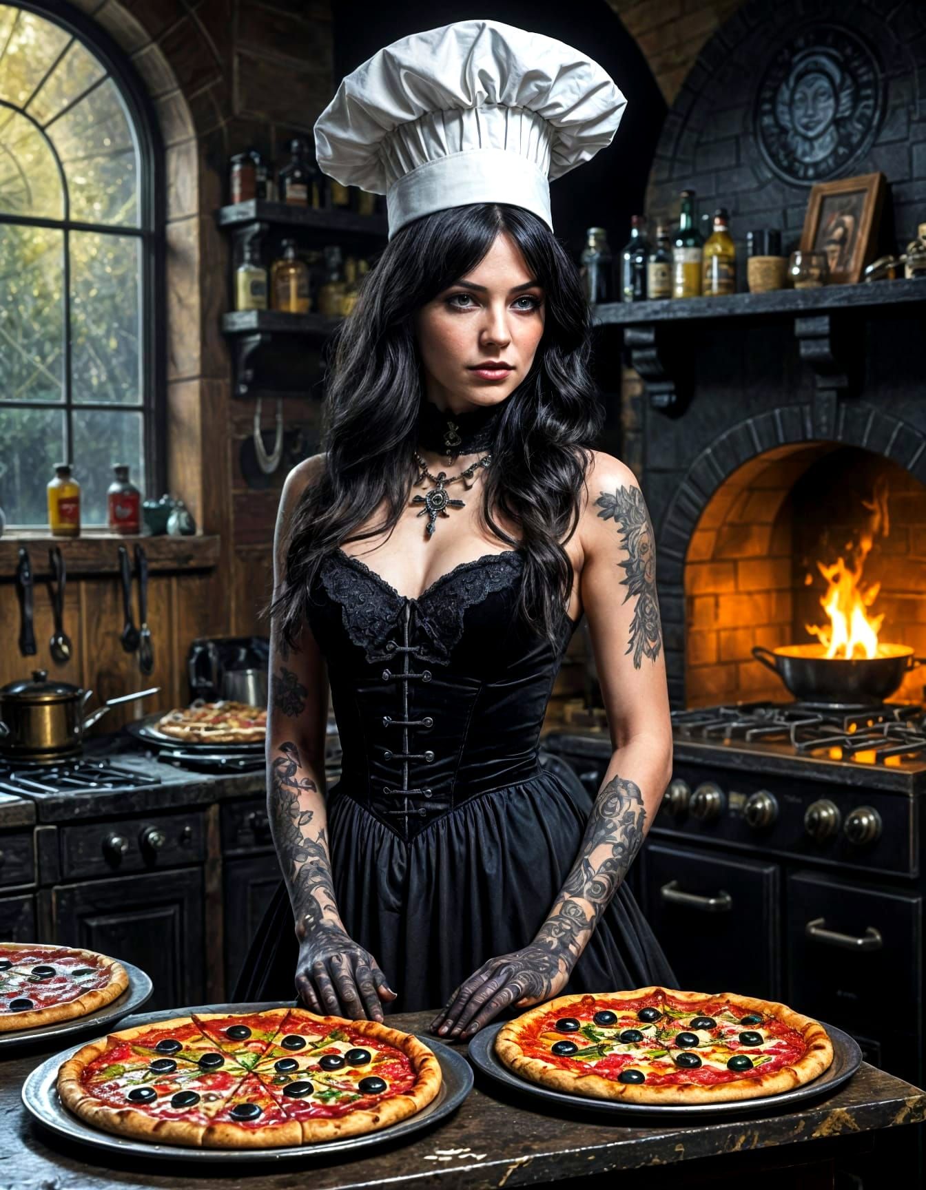 Gothic Pizza Chef in Victorian Kitchen: Glamrock Style