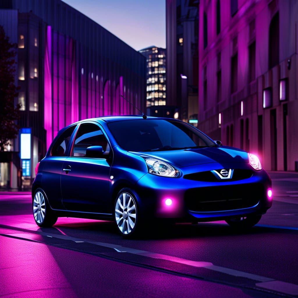 Neon-Lit Nissan Micra in a Cyberpunk Cityscape