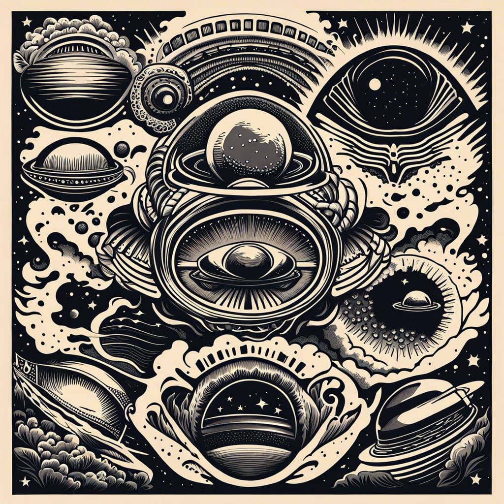 Alien Landing Tattoo Flash Sheet in 3D Style