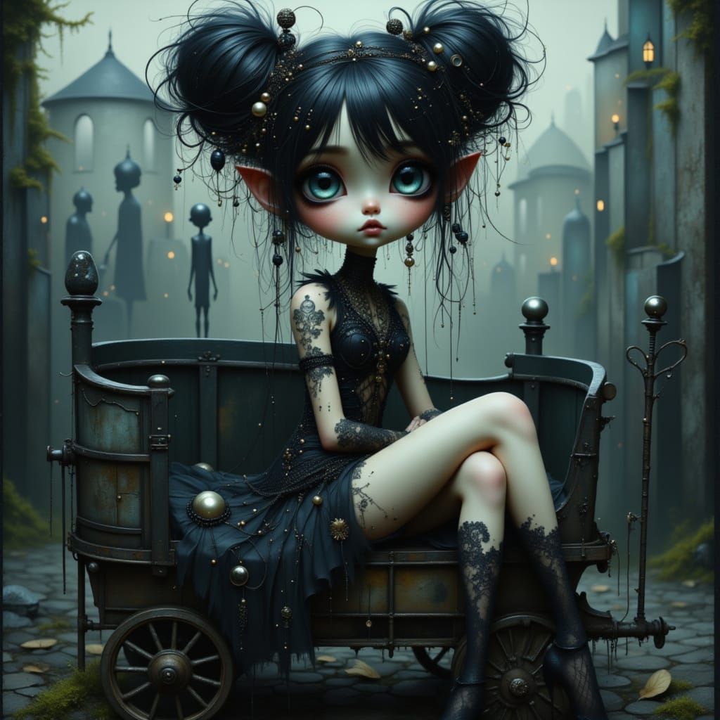 Whimsical Gothic Woman on Train in Tim Burton Style