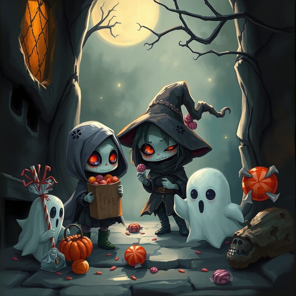 Cute Chibi Ghosts & Candy in Eerie Fantasy Art Style